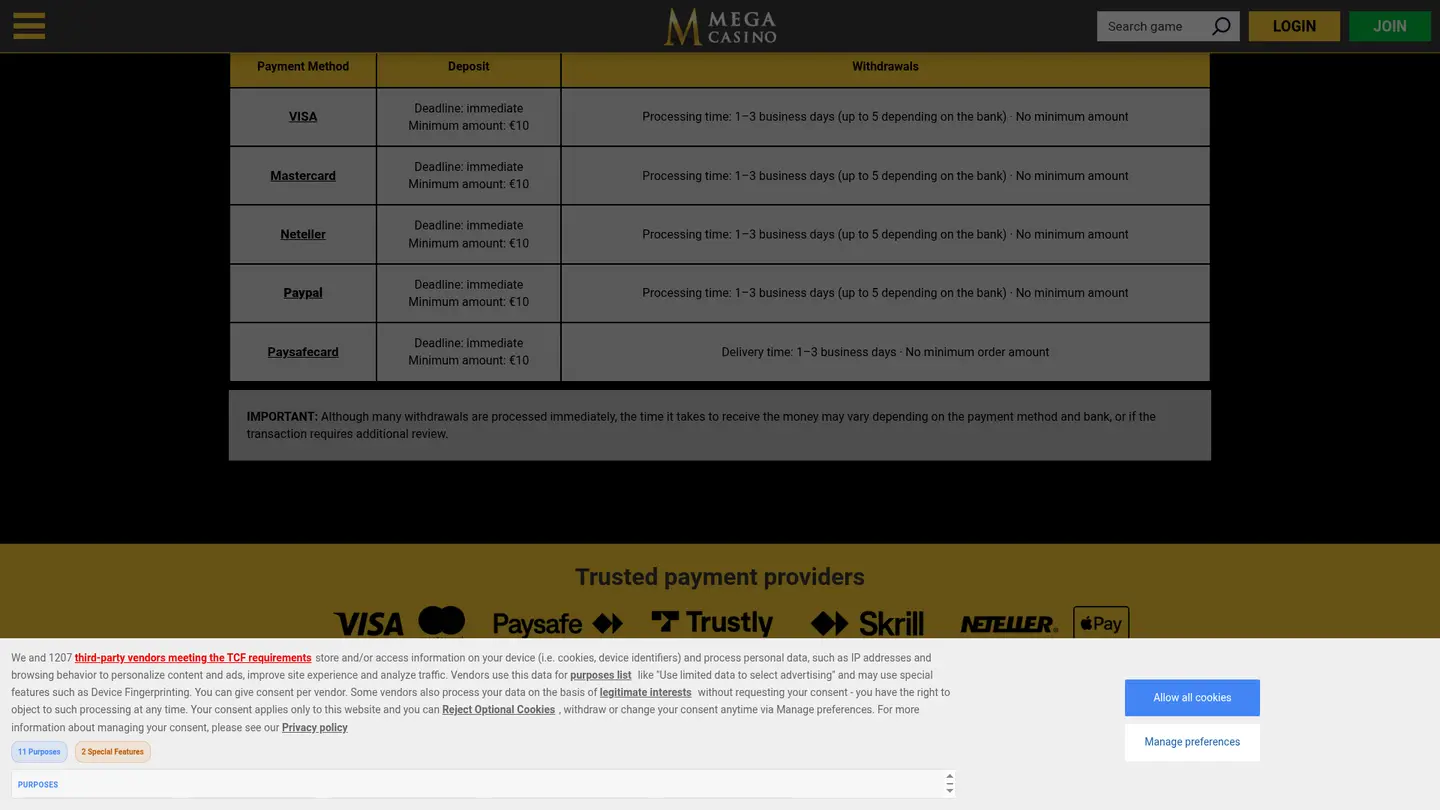 Mega Casino DK — Deposit methods