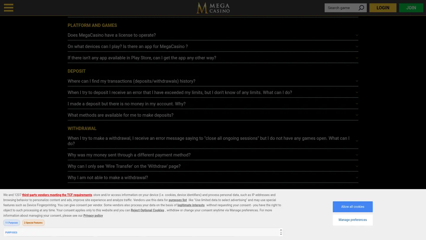 Mega Casino DK — Support in detail