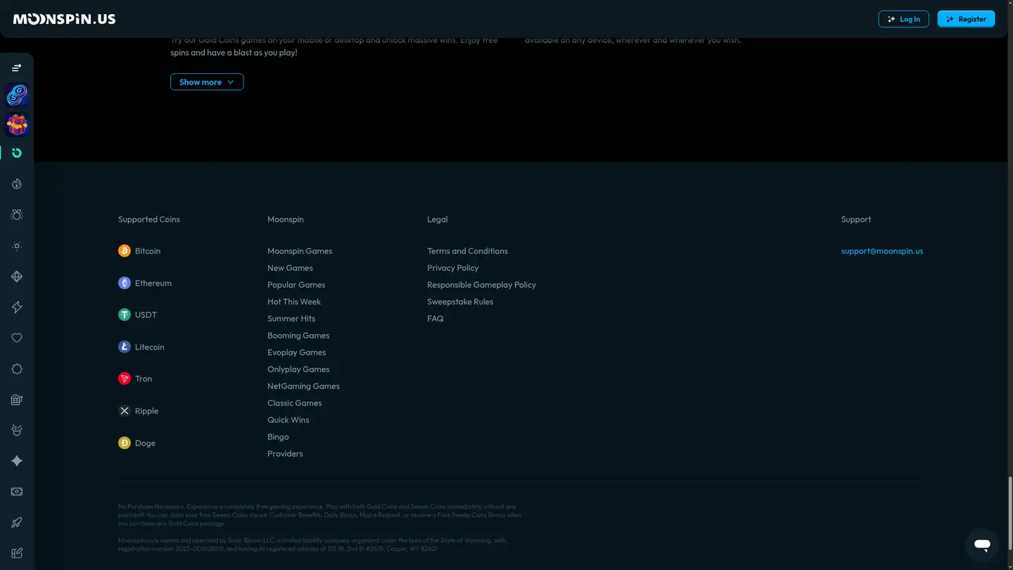 Moonspin Casino — Payment methods and licensing