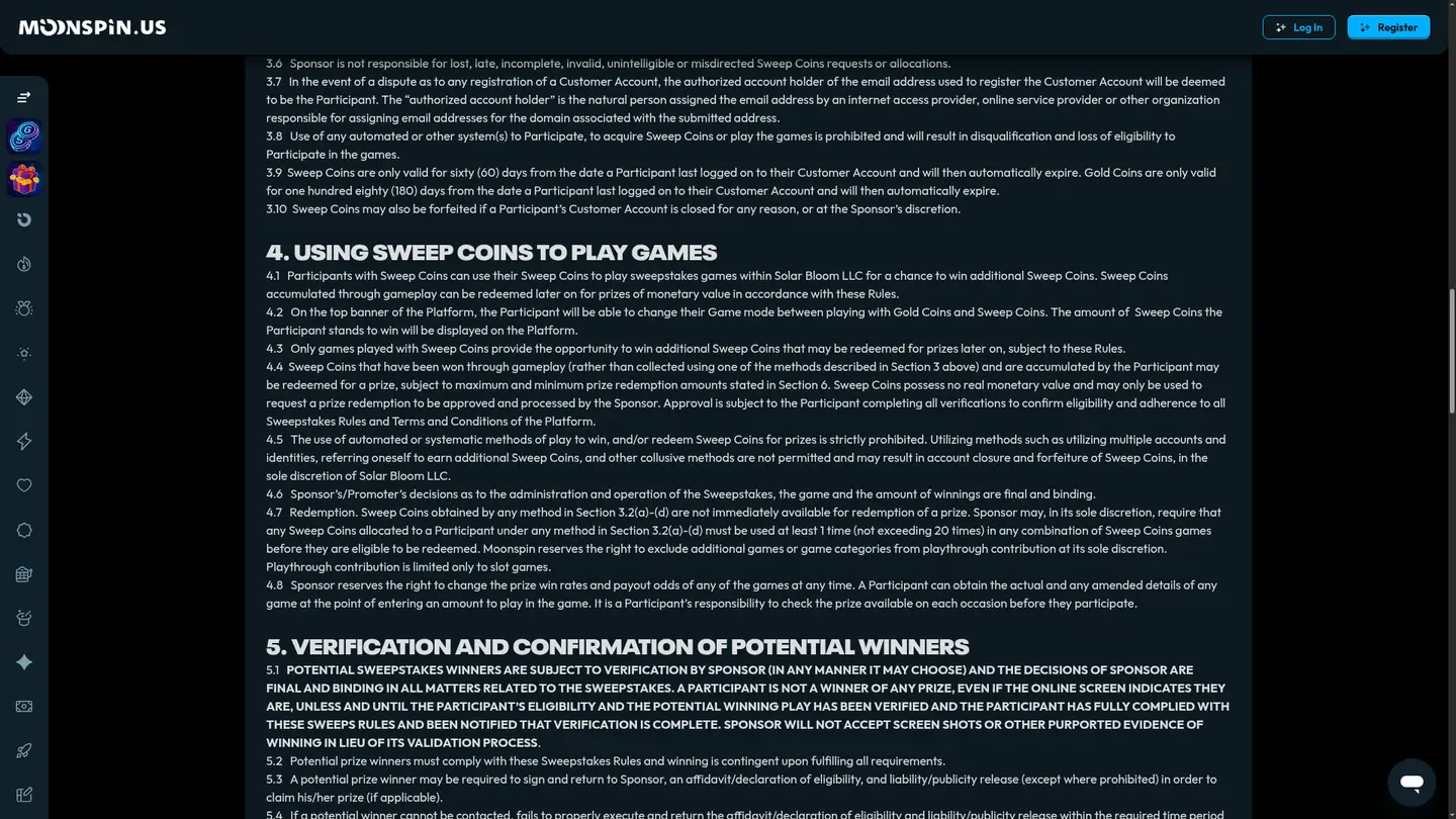 Moonspin Casino — Terms in detail