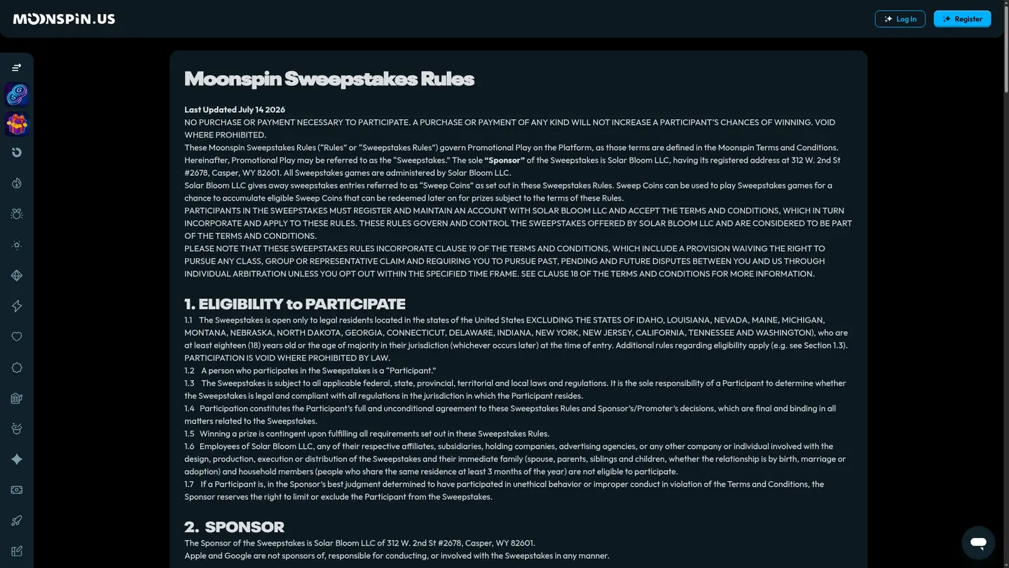 Moonspin Casino — Withdrawal terms