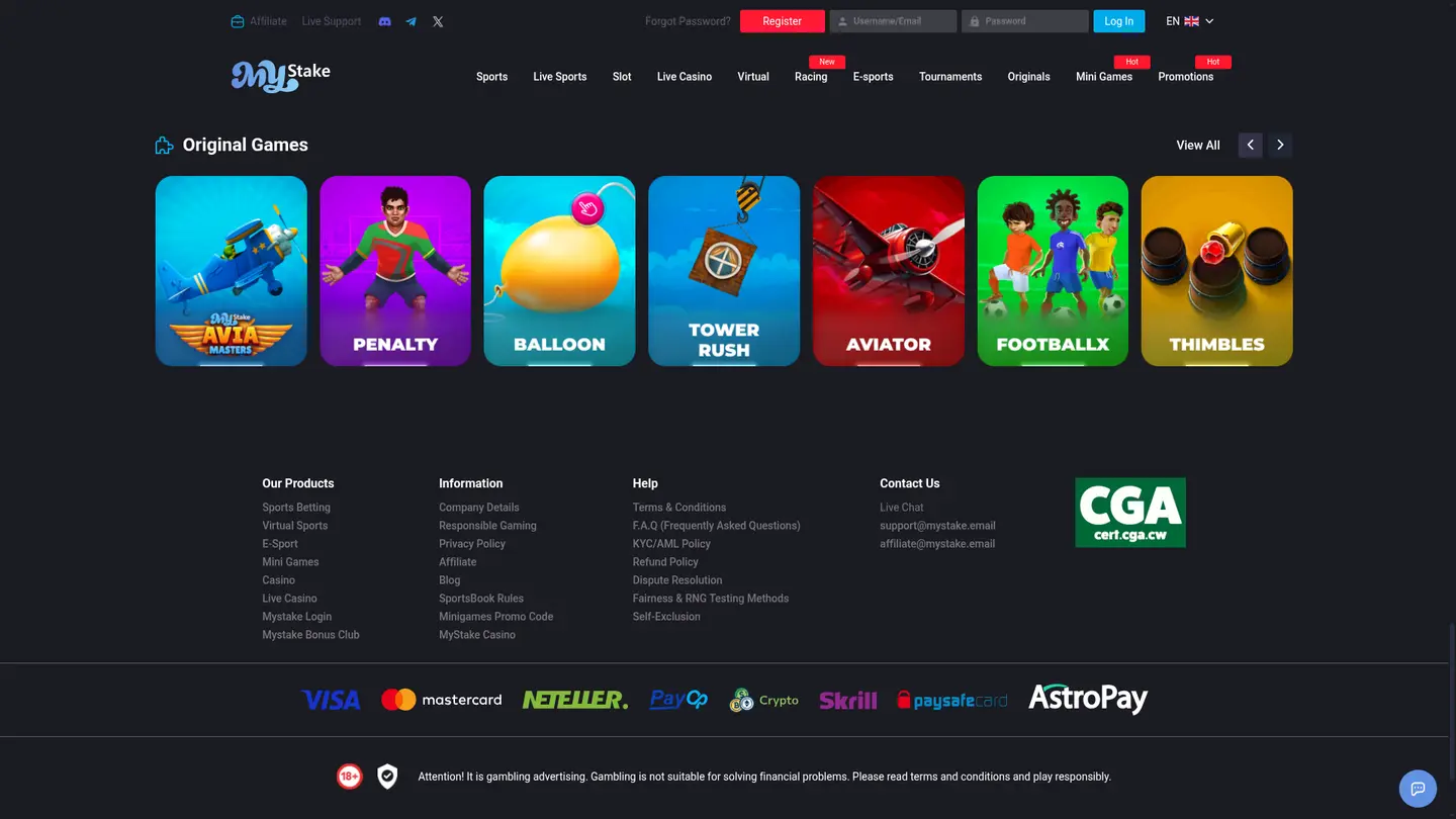 MyStake Casino — Payment methods and licensing
