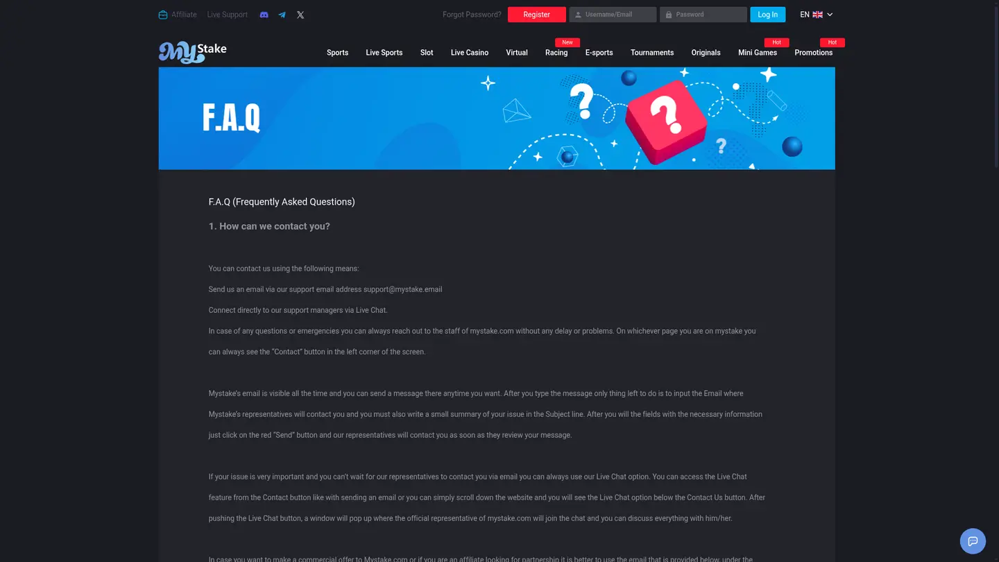 MyStake Casino — Support and licensing