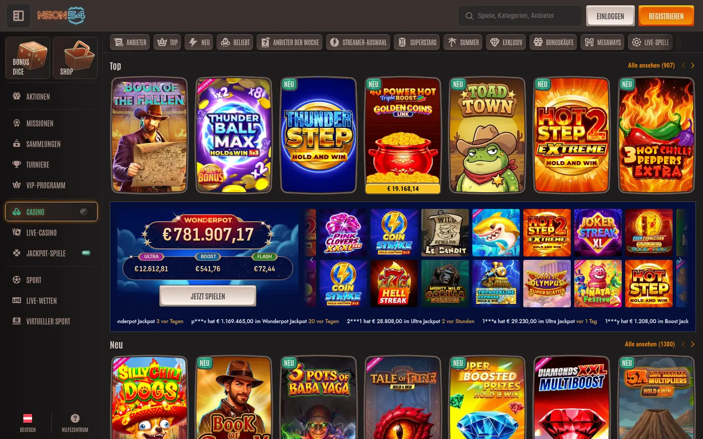 Neon54 Casino — Game lobby