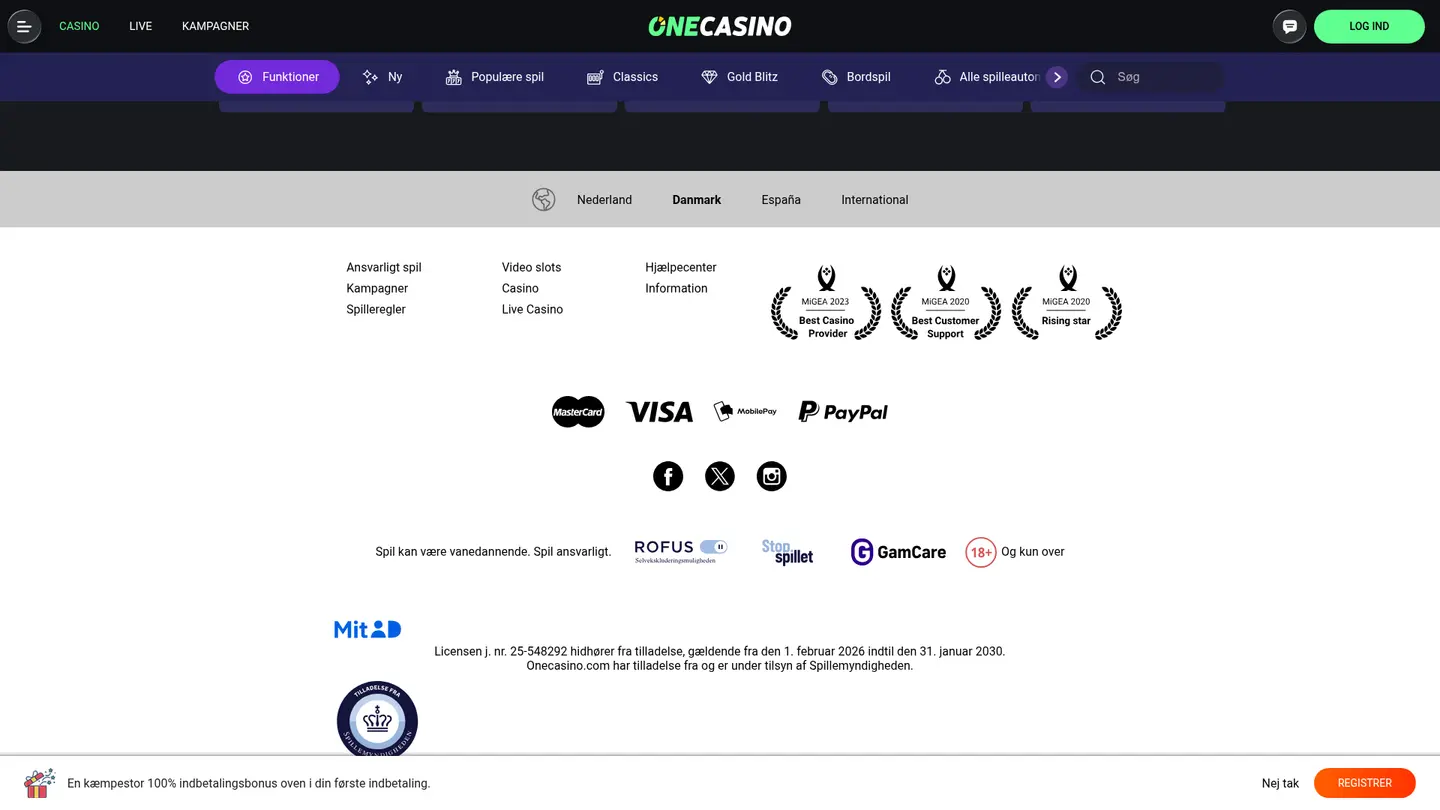One Casino DK — Payment methods and licensing