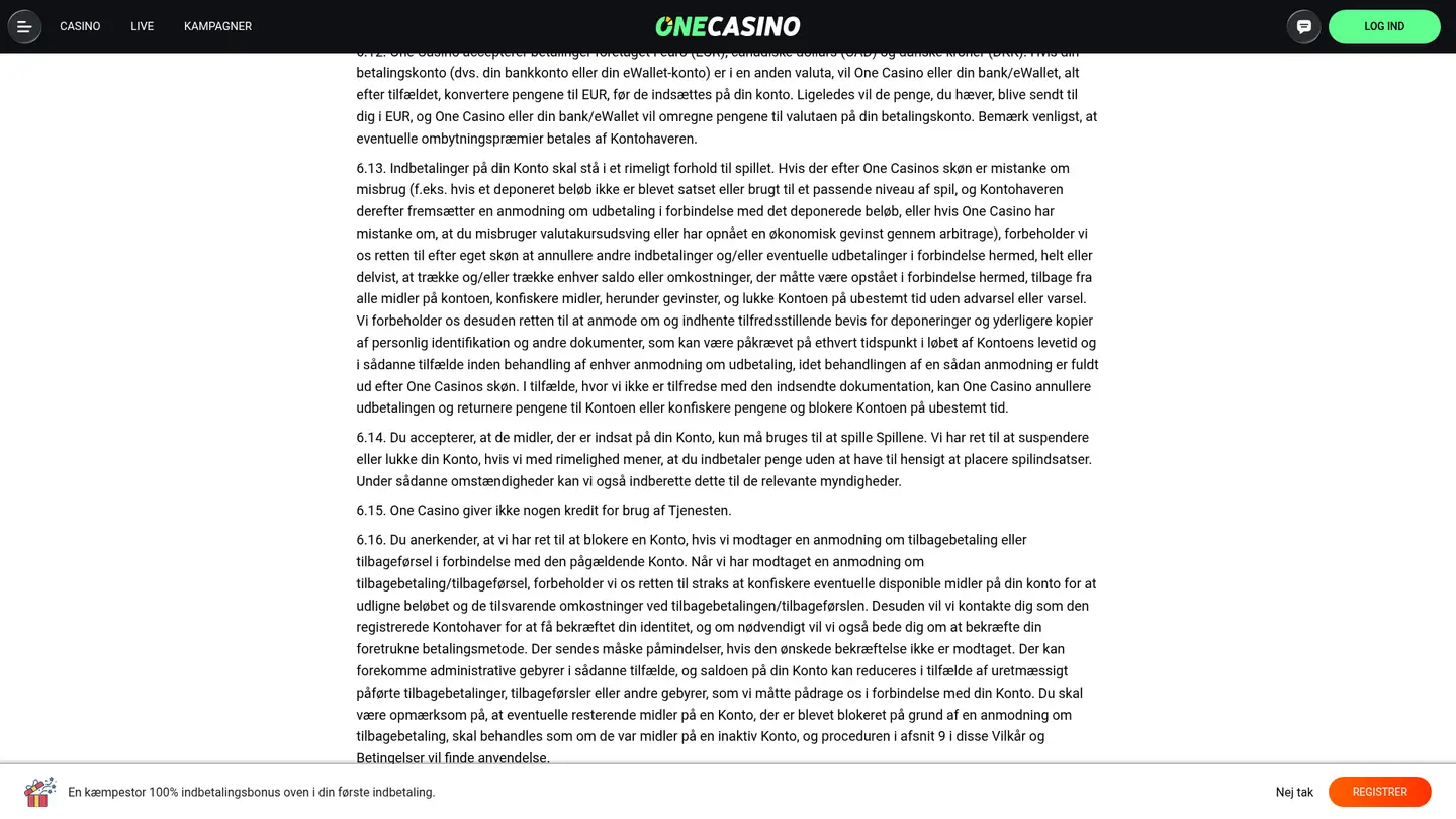 One Casino DK — Terms in detail
