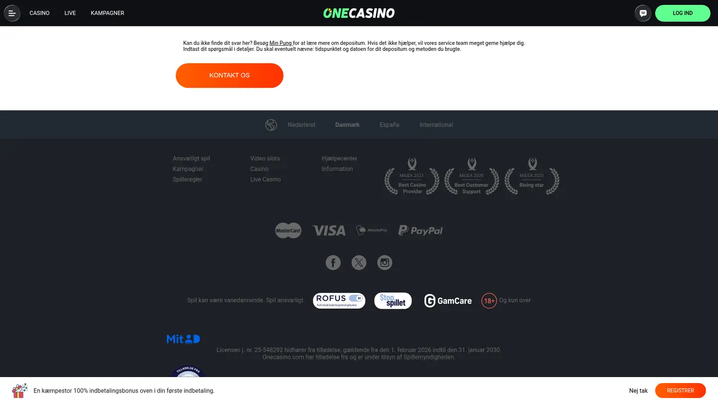 One Casino DK — Deposit methods