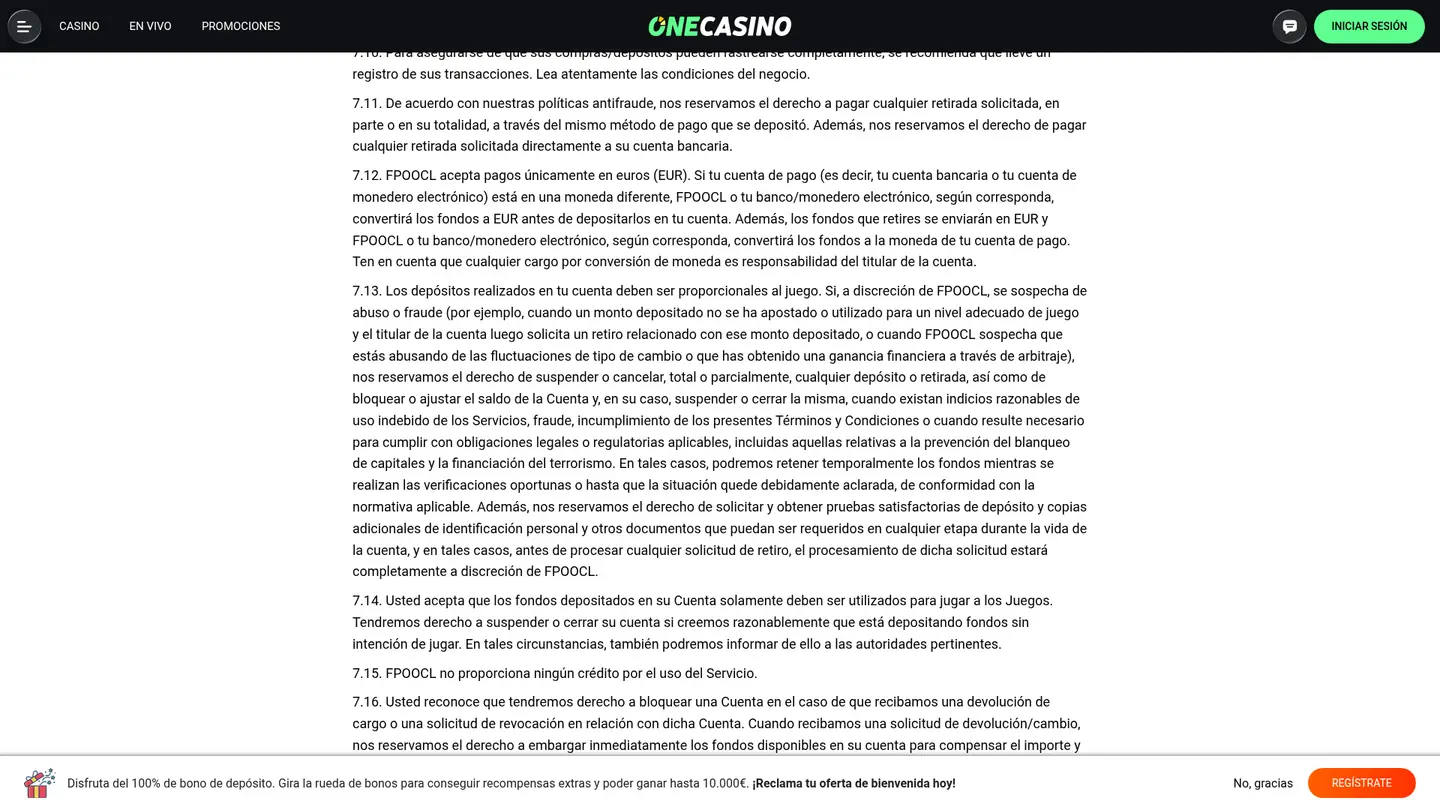 One Casino ES — Terms in detail
