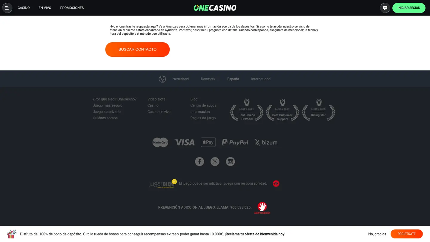 One Casino ES — Deposit methods