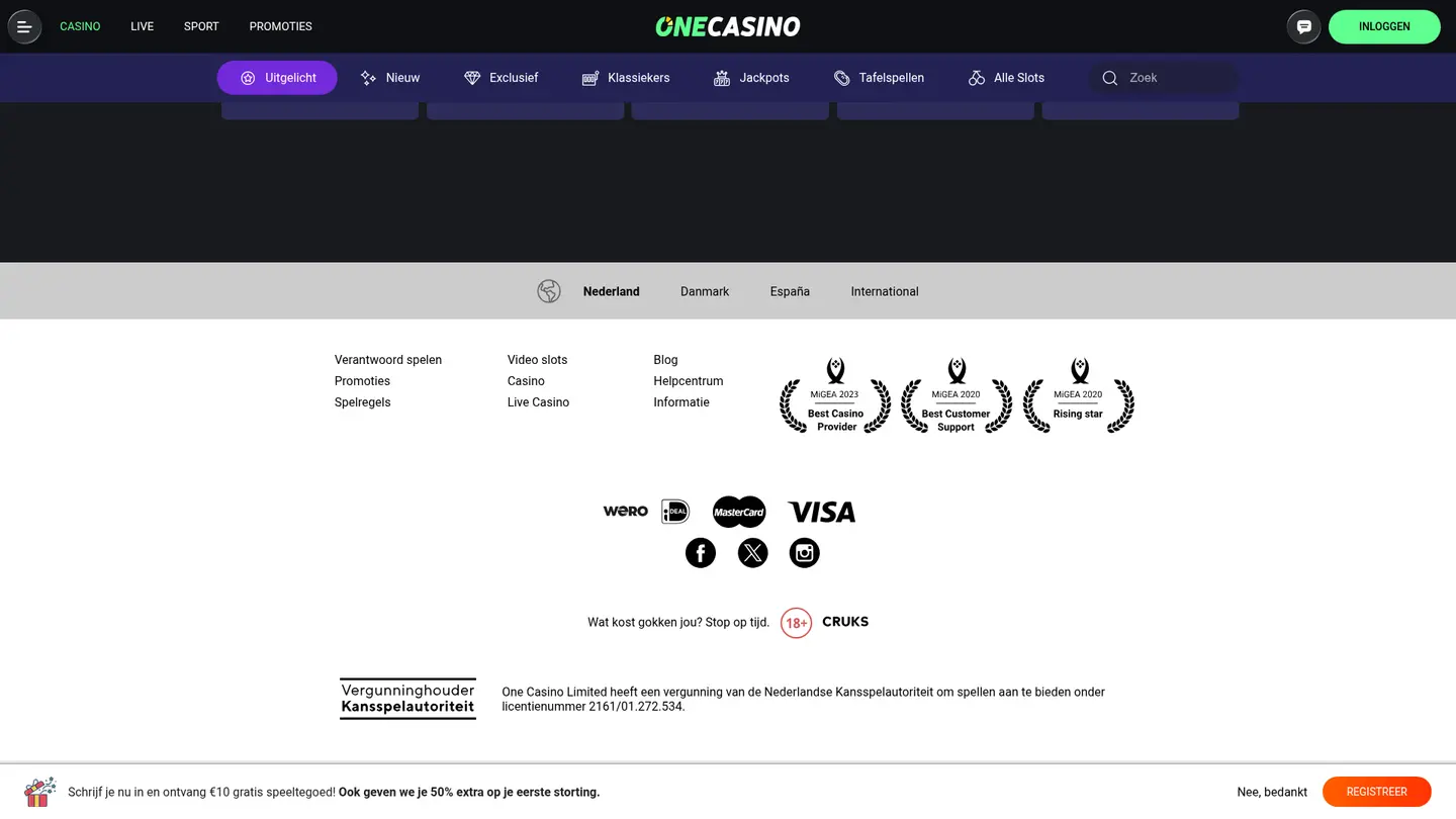 One Casino NL — Payment methods and licensing
