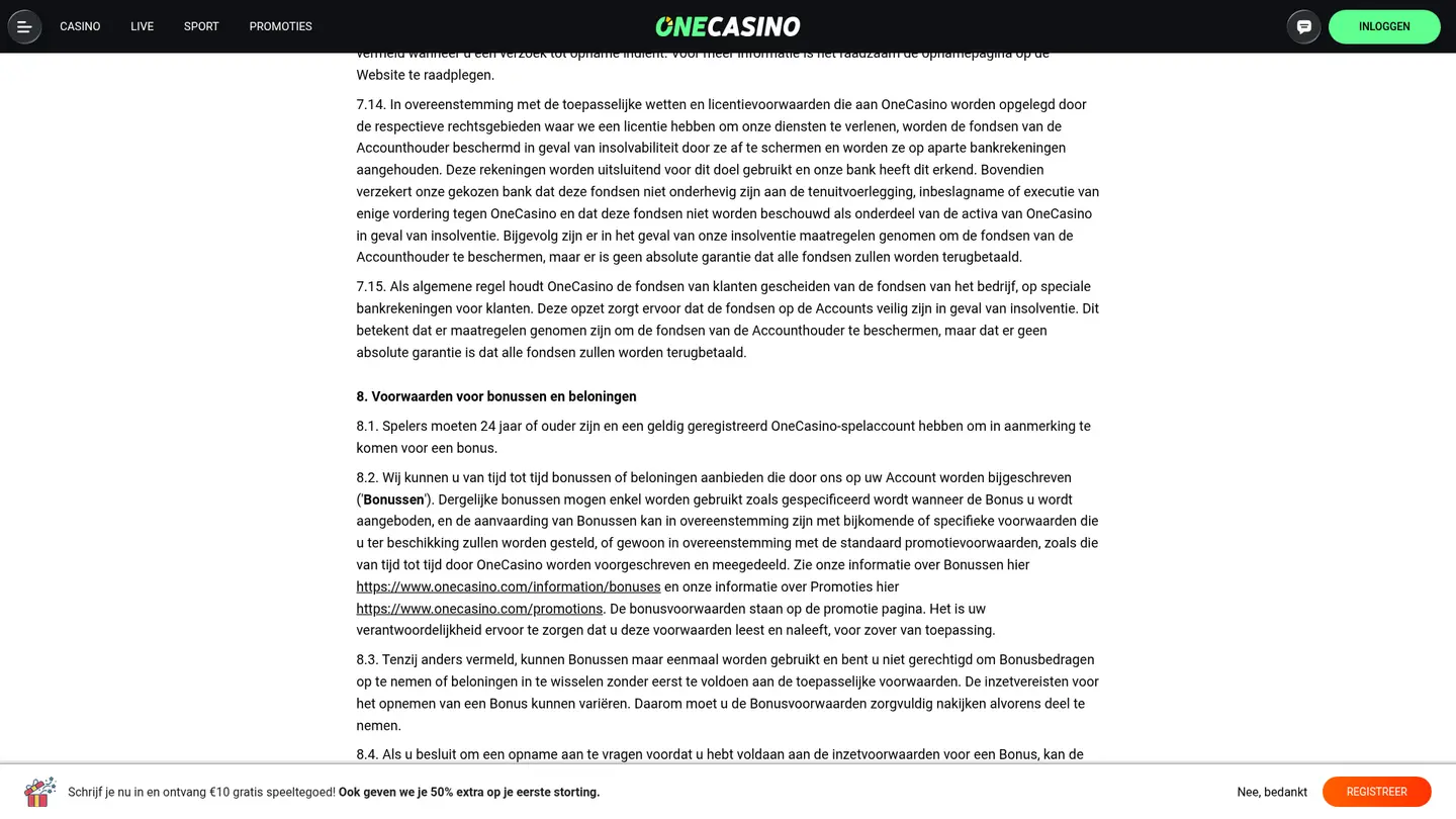 One Casino NL — Terms in detail
