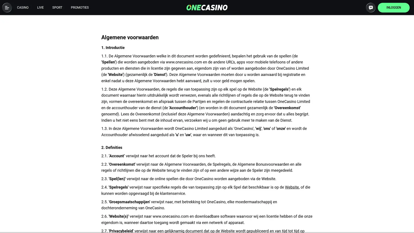 One Casino NL — Withdrawal terms