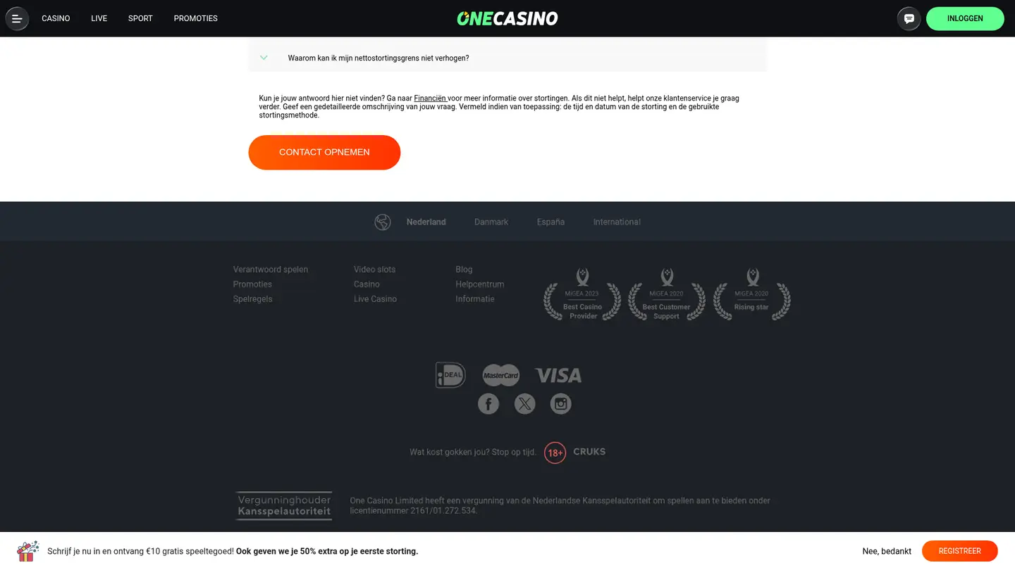 One Casino NL — Deposit methods