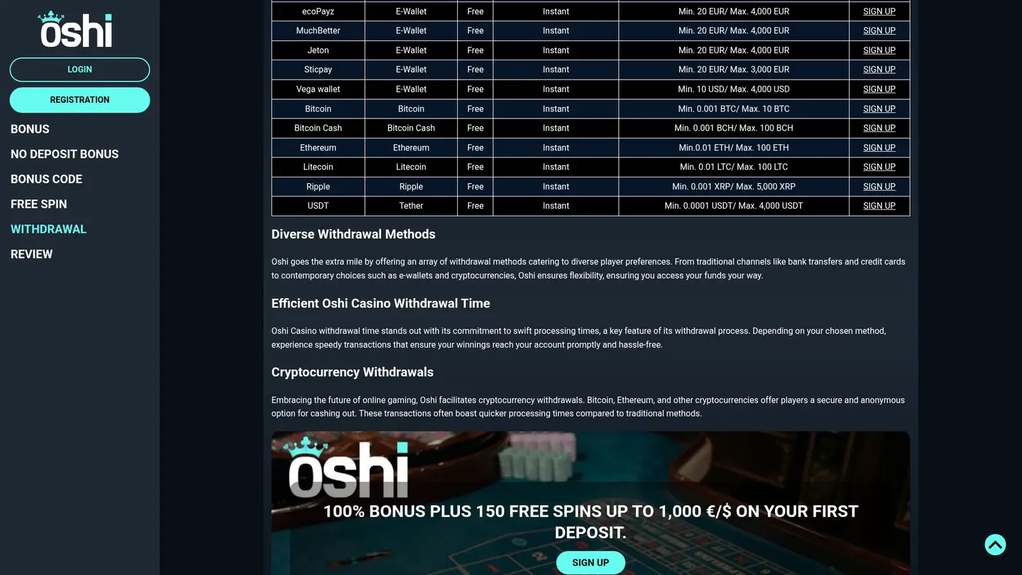 Oshi Casino — Deposit methods