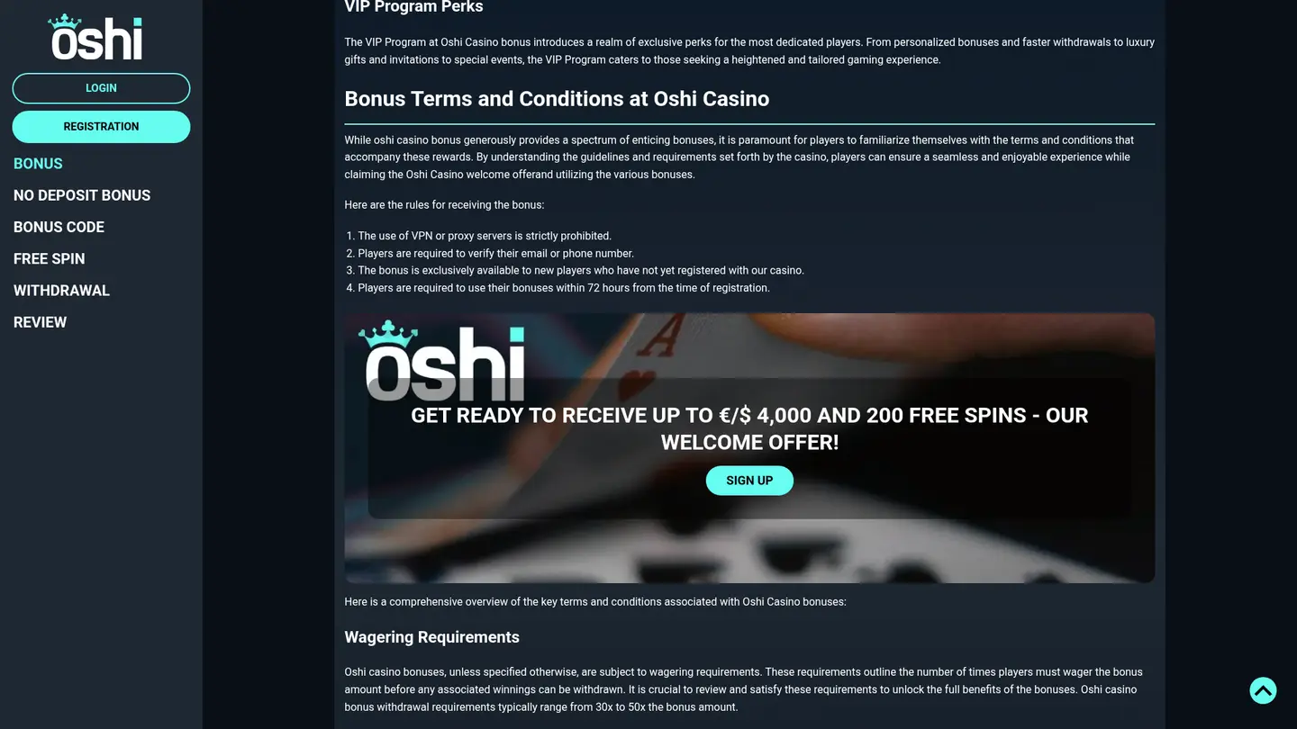 Oshi Casino — Offers in detail