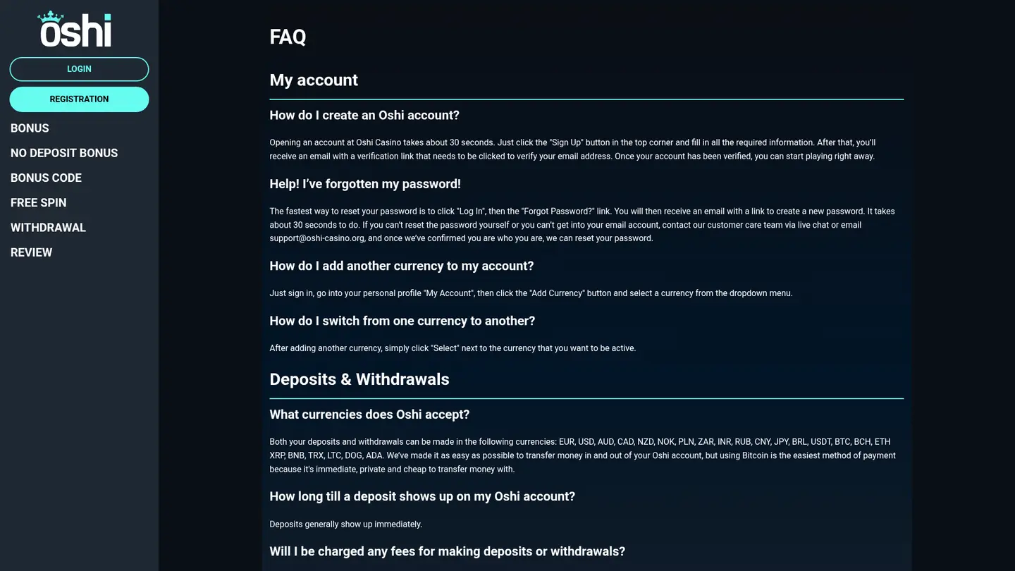 Oshi Casino — Support and licensing