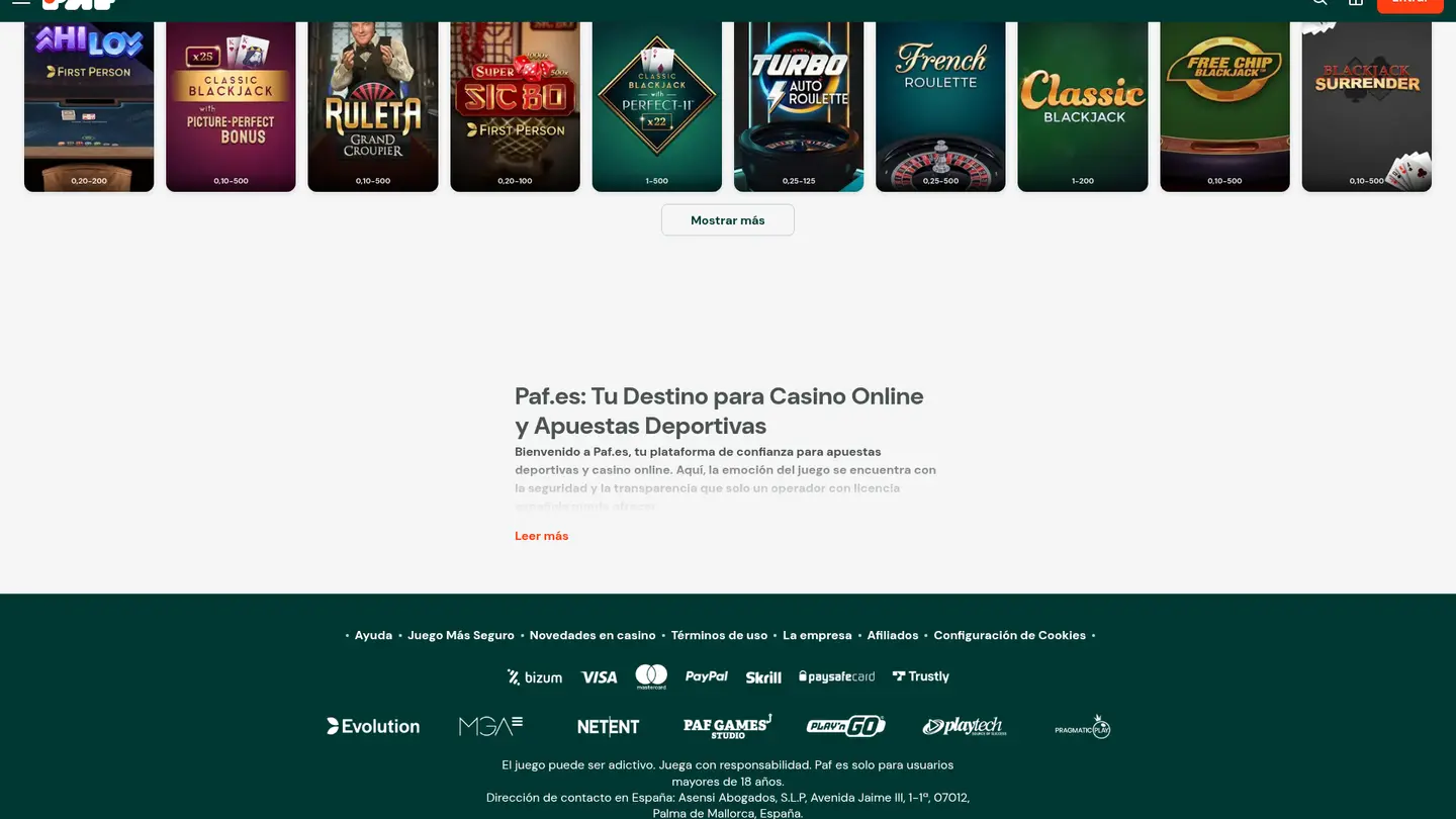 Paf Casino ES — Payment methods and licensing