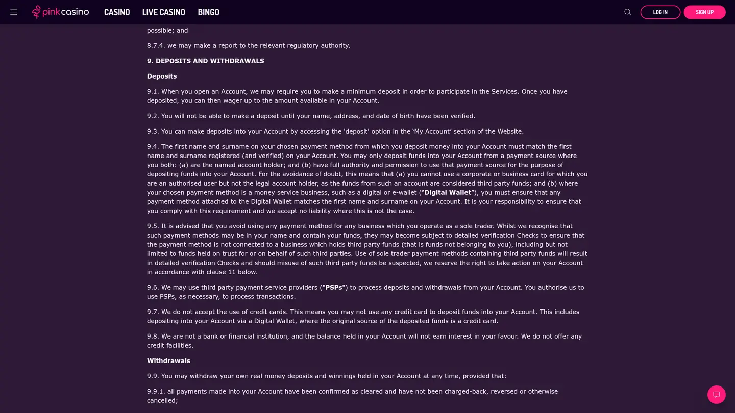 Pink Casino — Terms in detail