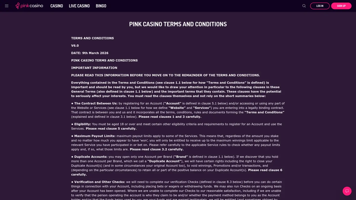 Pink Casino — Withdrawal terms