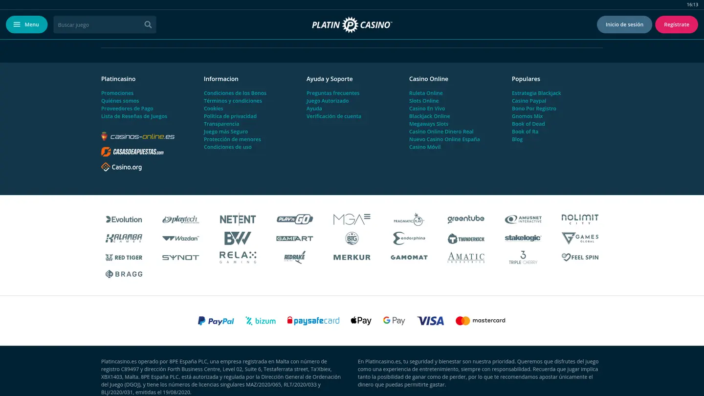 Platincasino ES — Payment methods and licensing