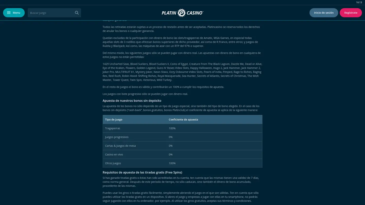 Platincasino ES — Terms in detail