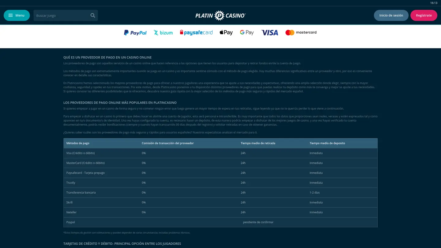 Platincasino ES — Deposit methods