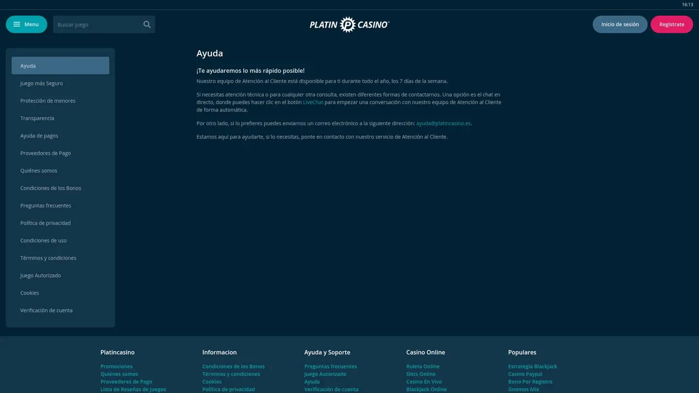 Platincasino ES — Support and licensing