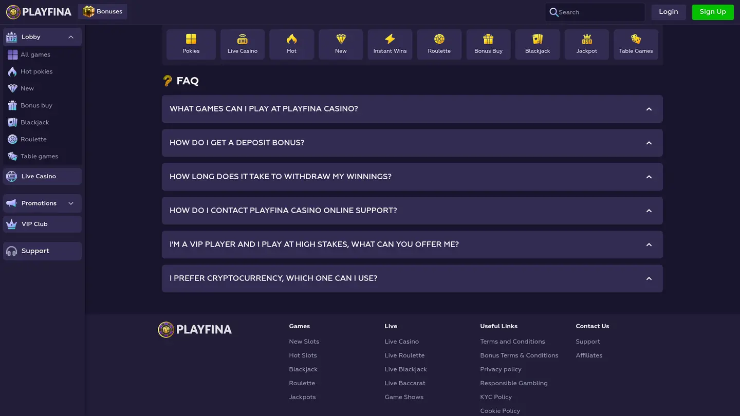 Playfina Casino — Payment methods and licensing