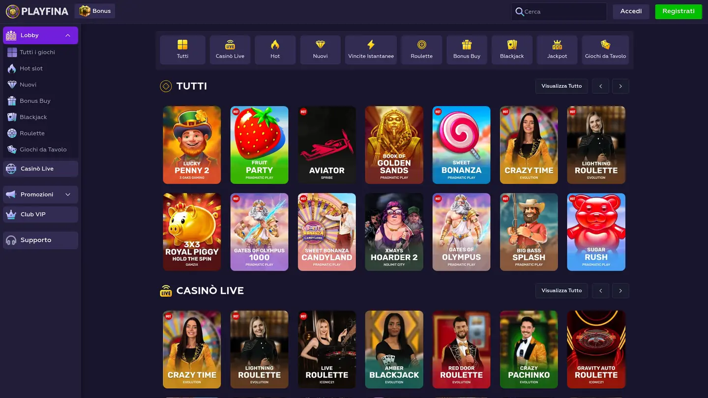 Playfina Casino — Game lobby