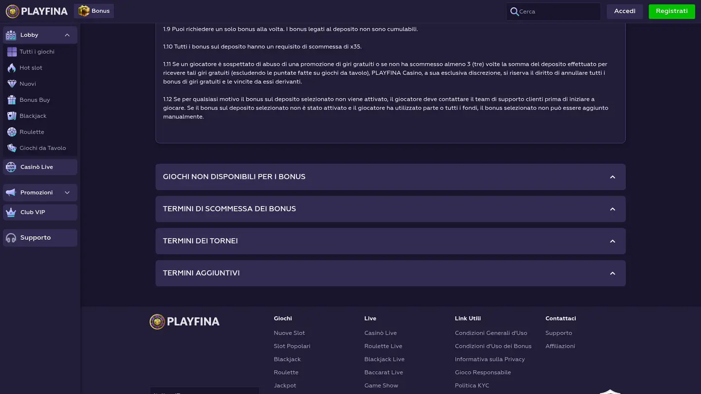 Playfina Casino — Terms in detail
