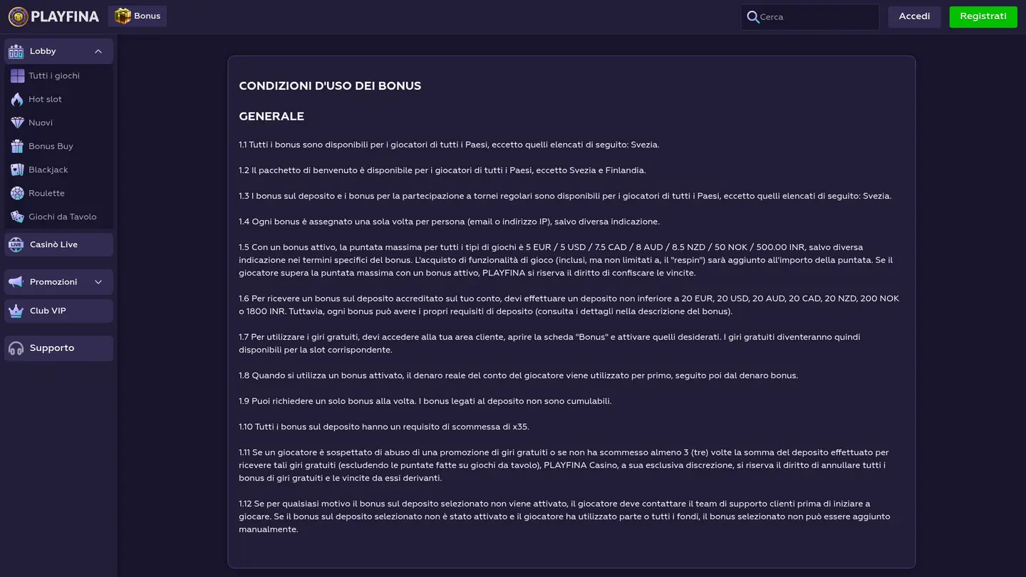 Playfina Casino — Withdrawal terms