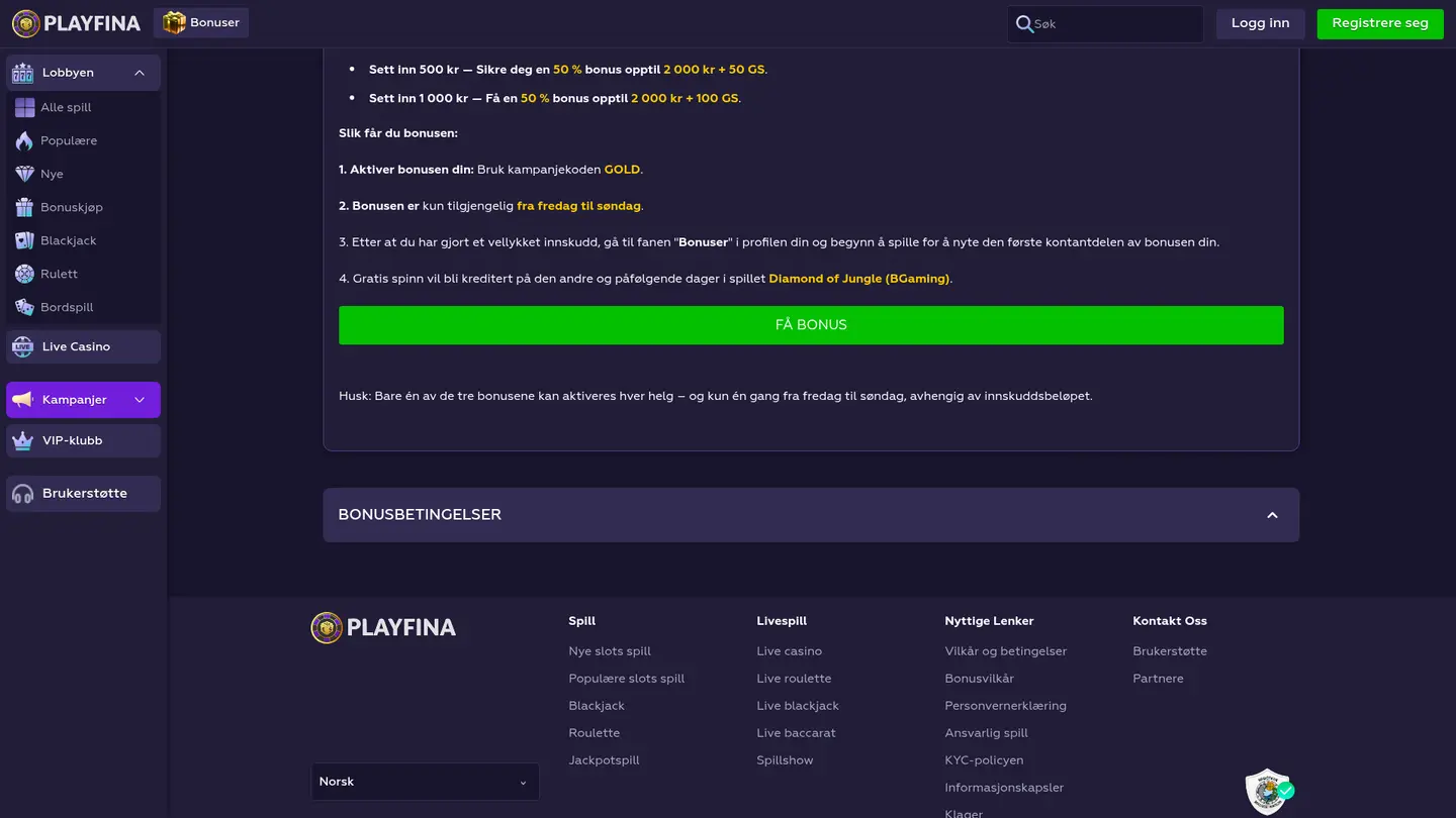 Playfina Casino — Offers in detail