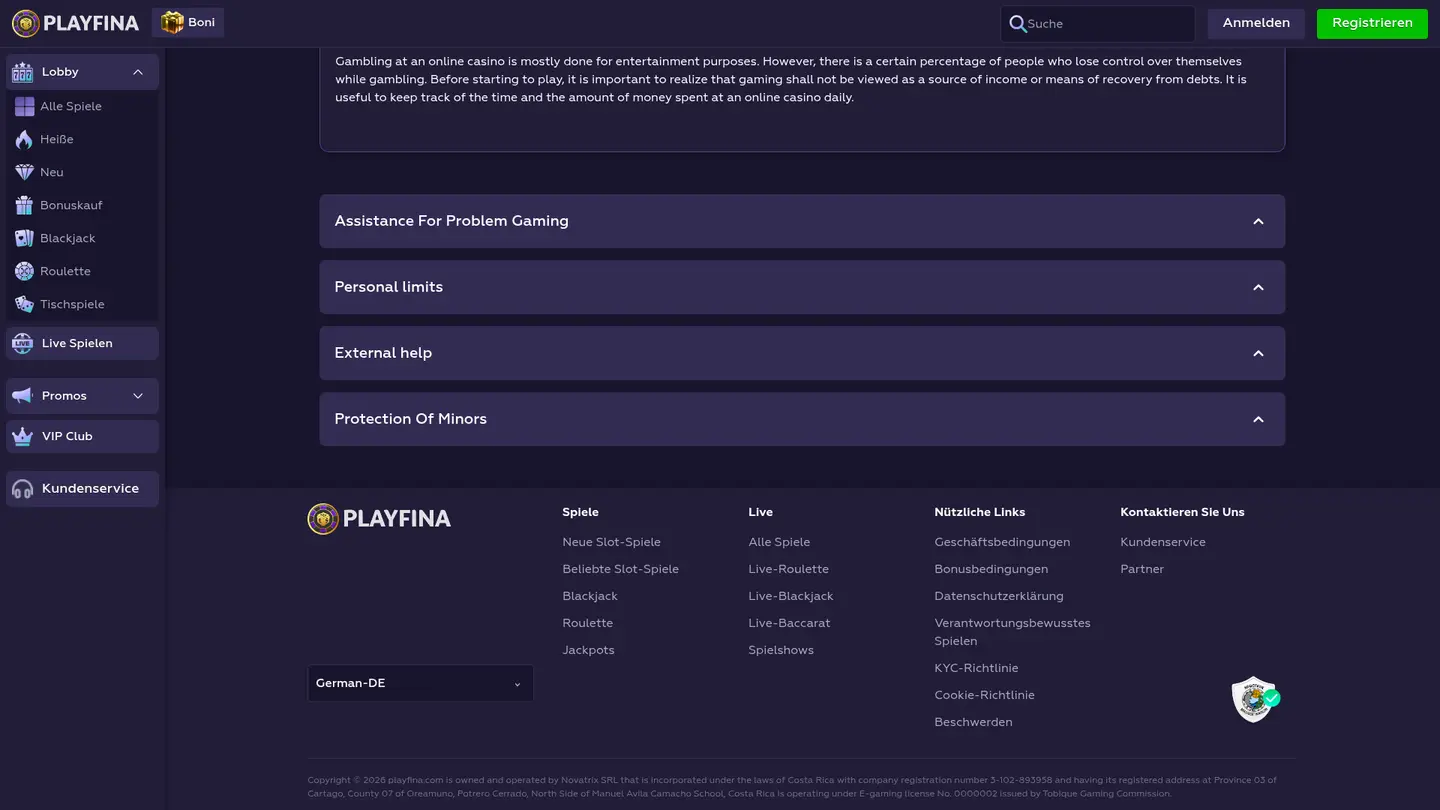 Playfina Casino — Support in detail