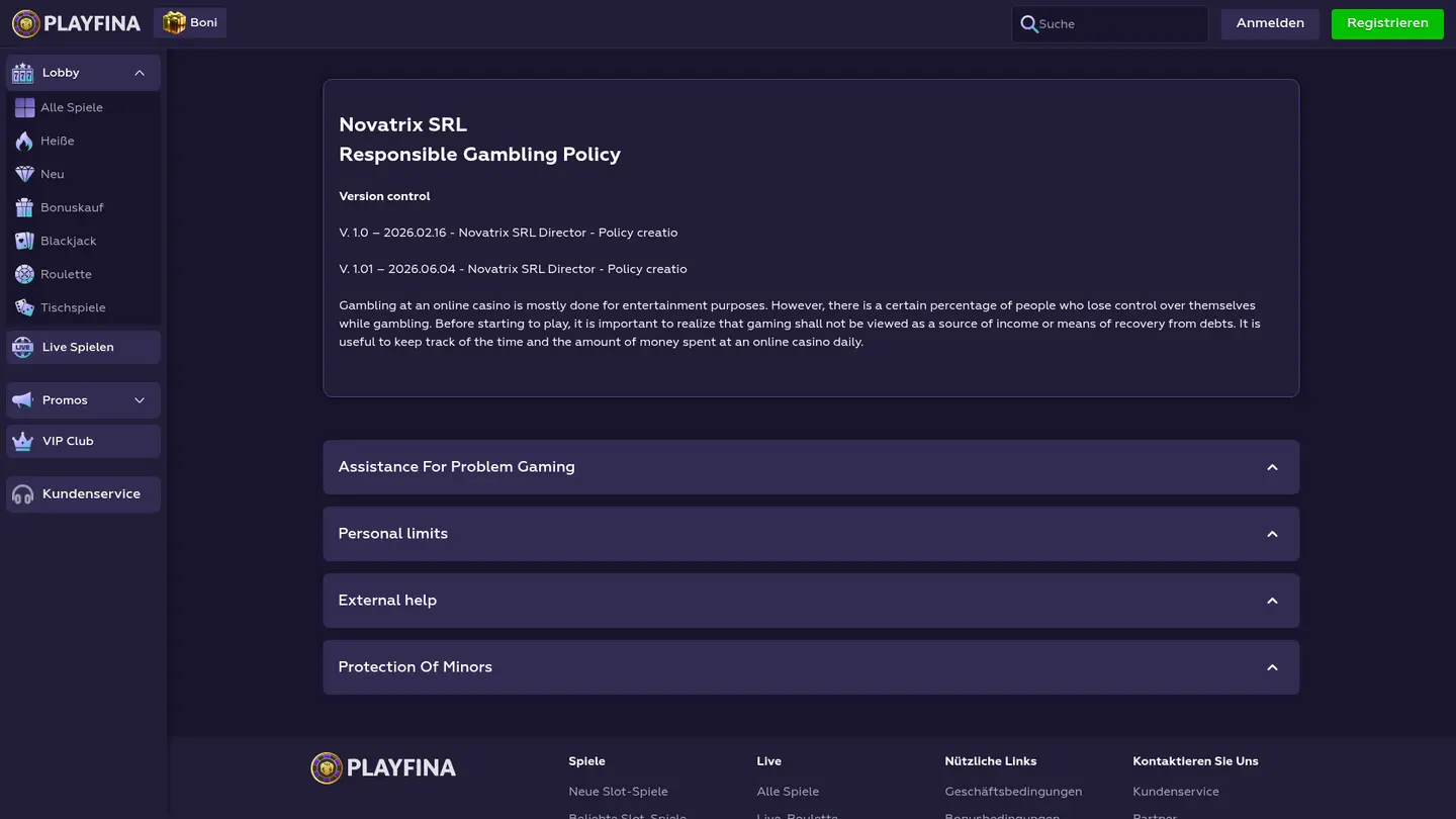 Playfina Casino — Support and licensing