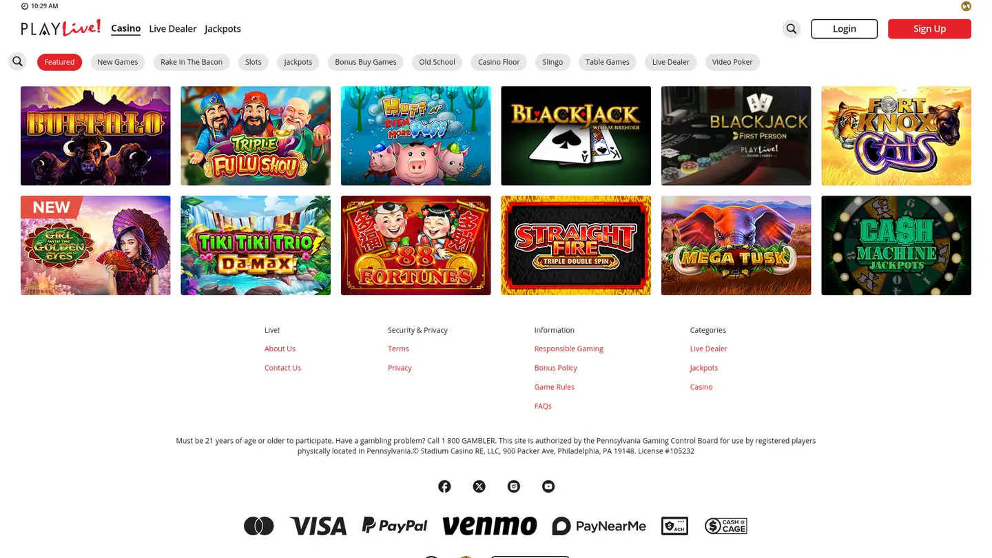 PlayLive! Casino PA — Payment methods and licensing