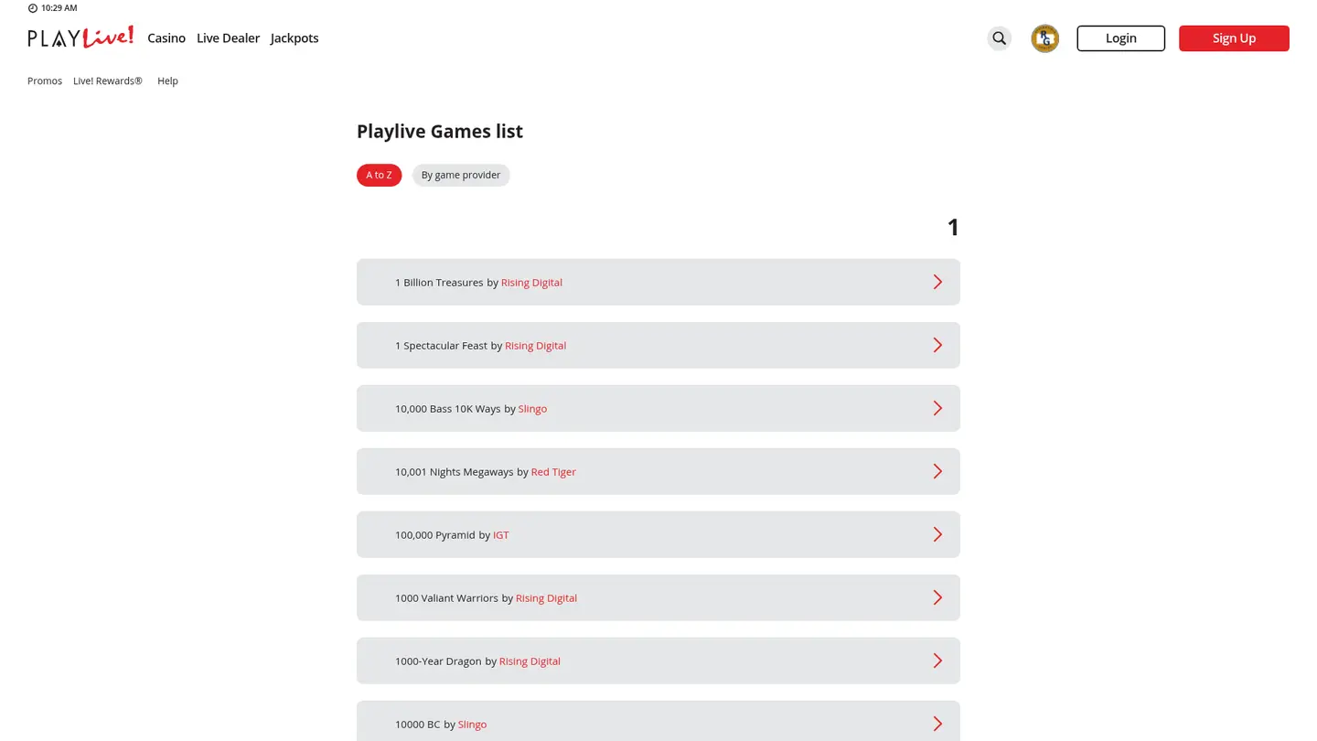 PlayLive! Casino PA — Game lobby