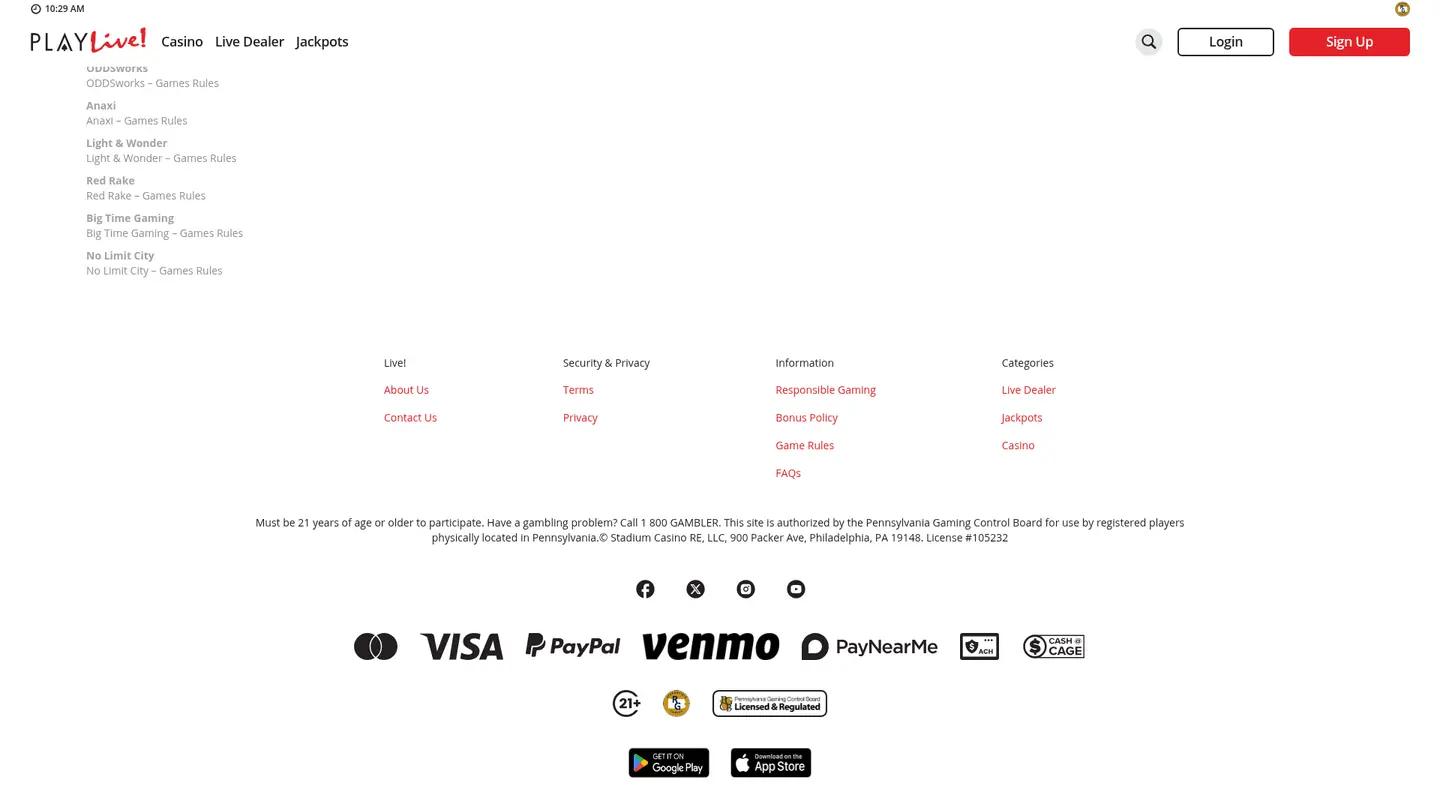 PlayLive! Casino PA — Terms in detail