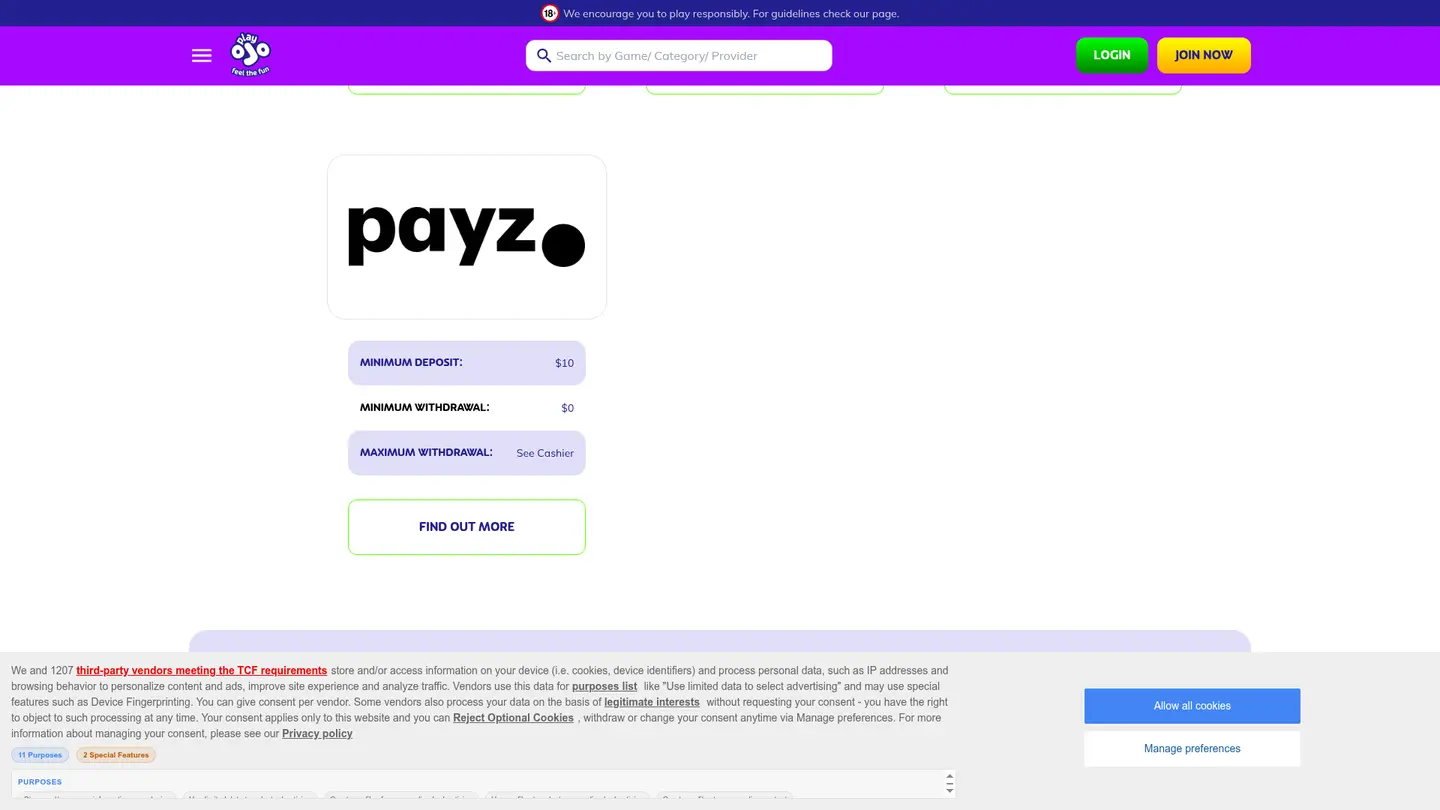 PlayOJO Casino Ontario — Deposit methods