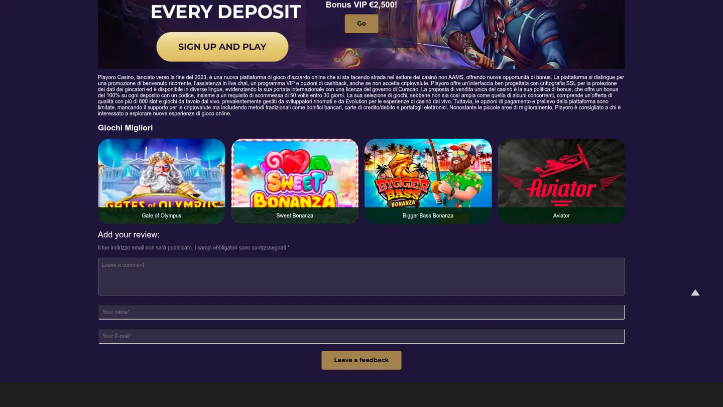 Playoro Casino — Payment methods and licensing