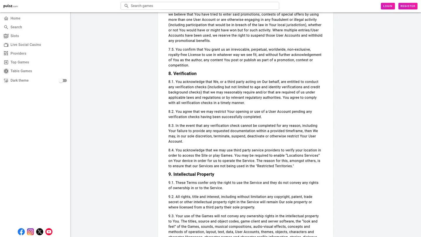 Pulsz Casino — Terms in detail