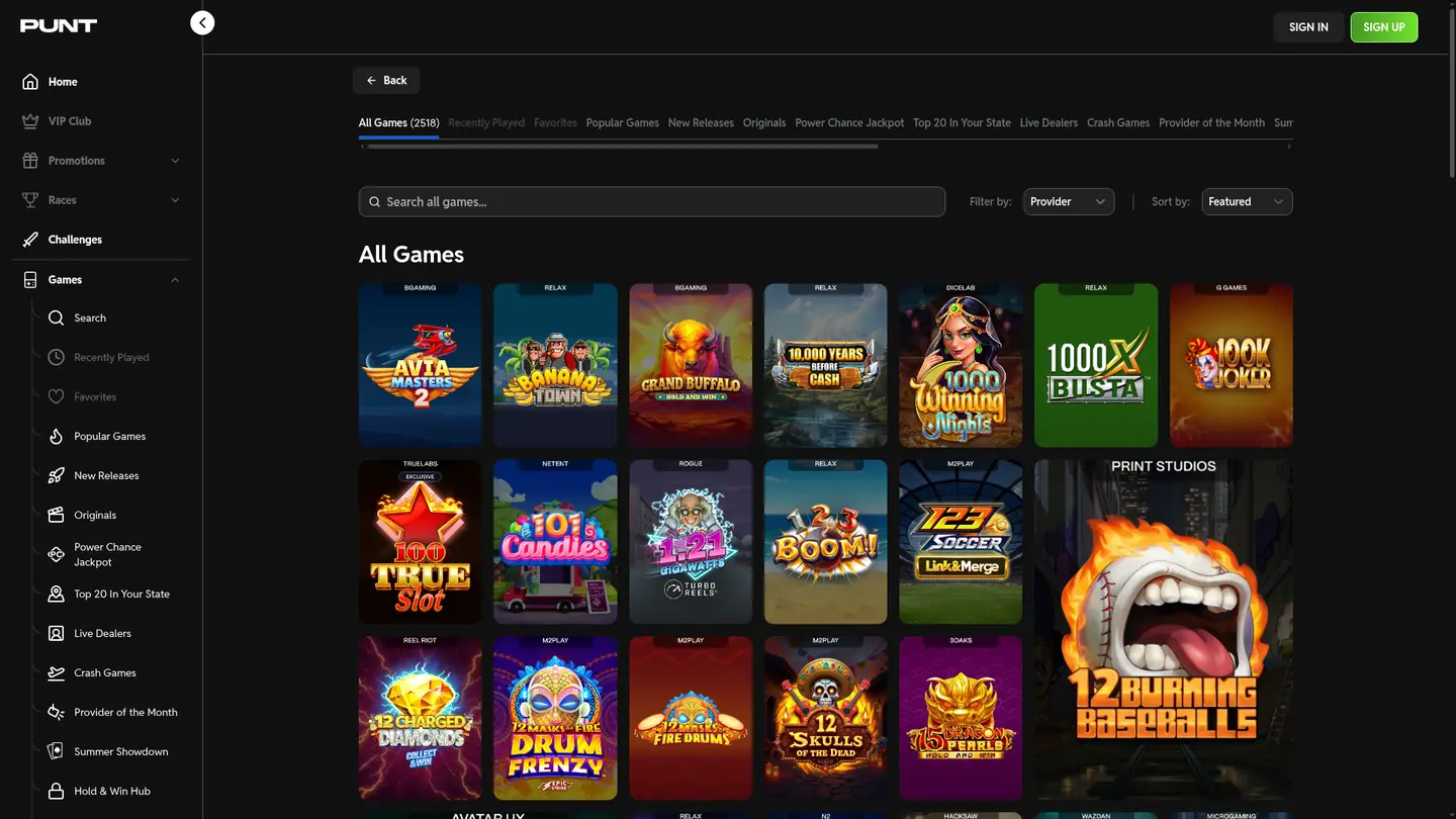 Punt.com Casino — Game lobby