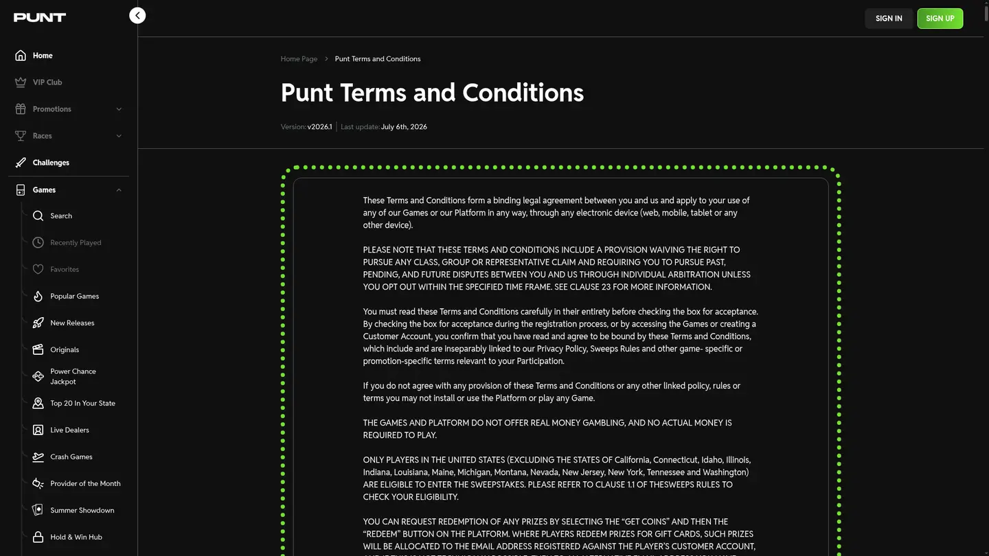 Punt.com Casino — Withdrawal terms