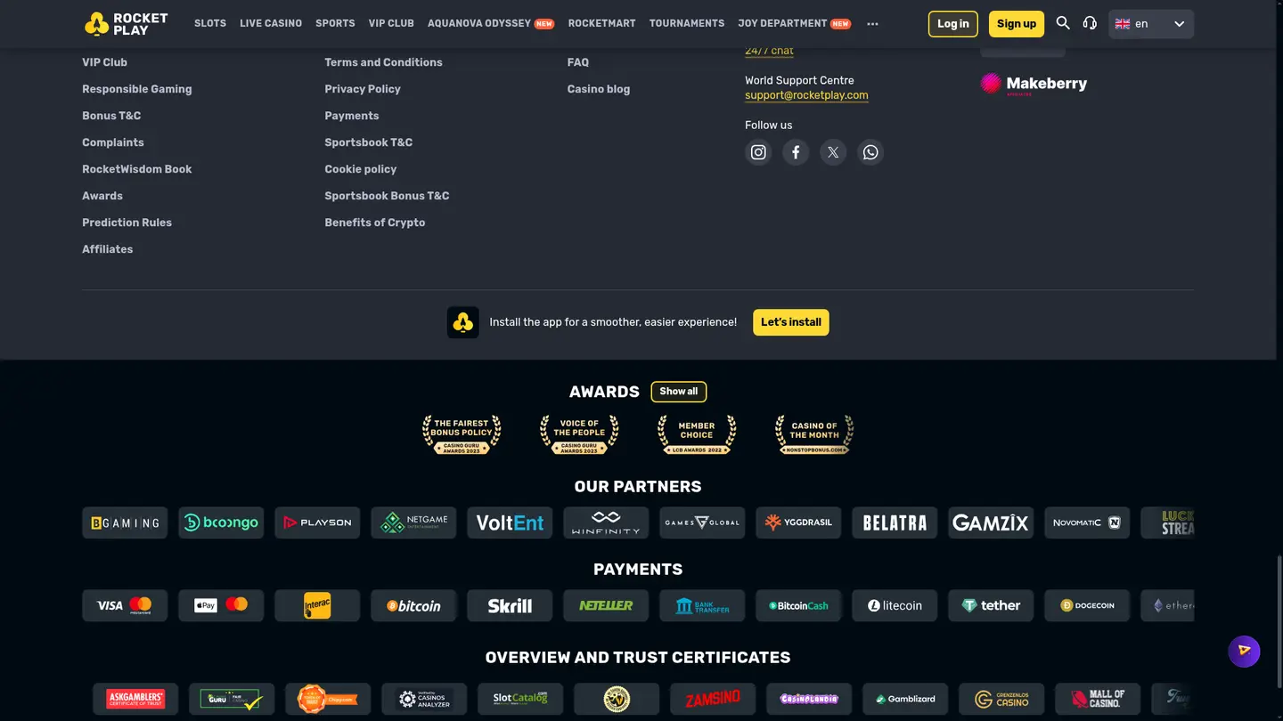 RocketPlay Casino — Payment methods and licensing