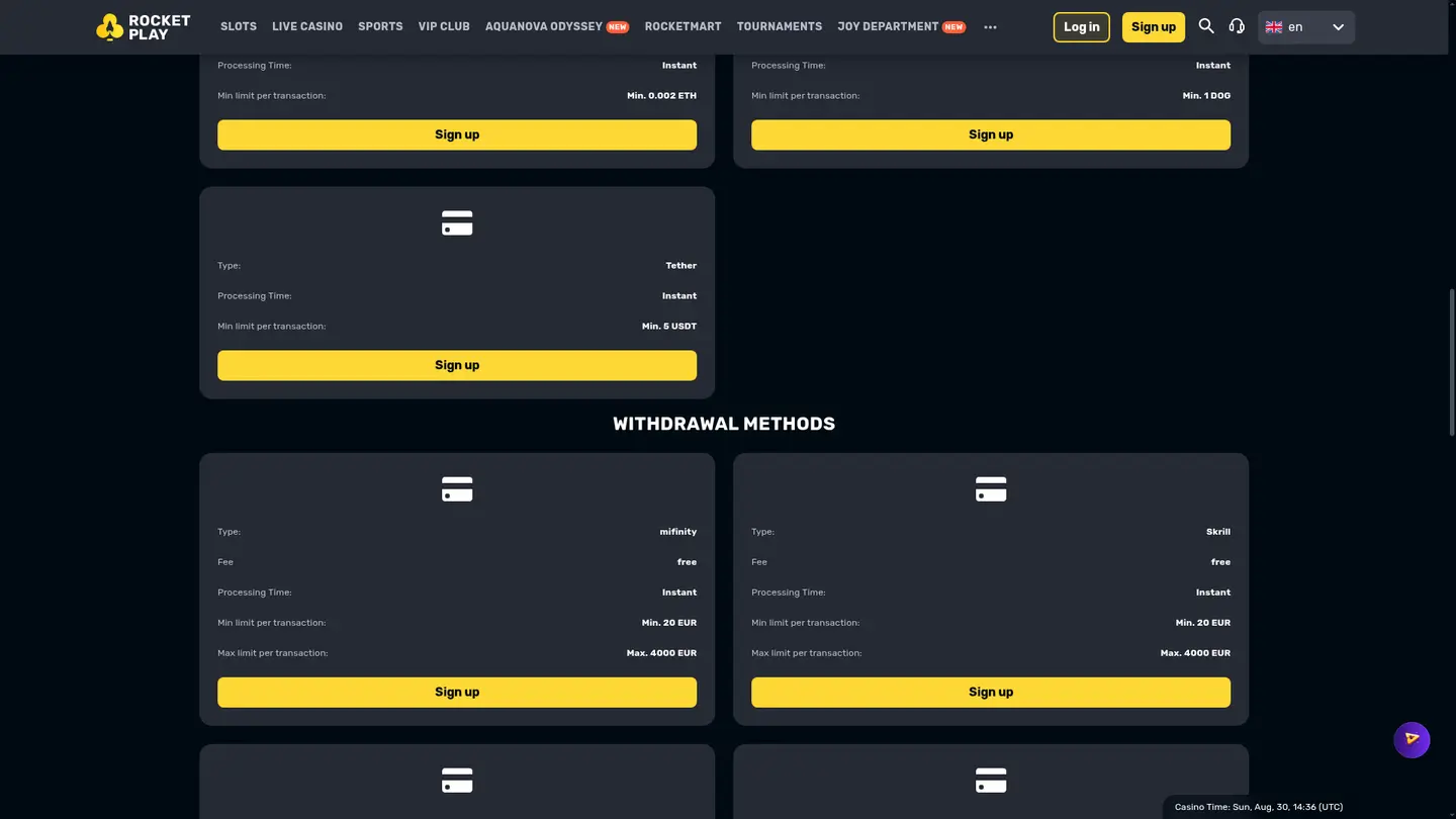 RocketPlay Casino — Deposit methods