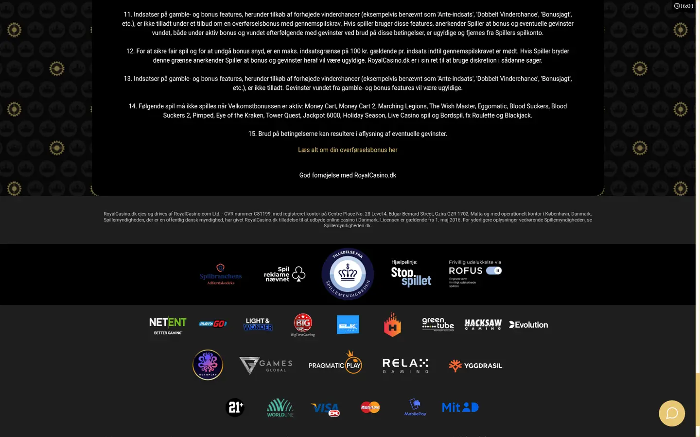 Royal Casino DK — Payment methods and licensing