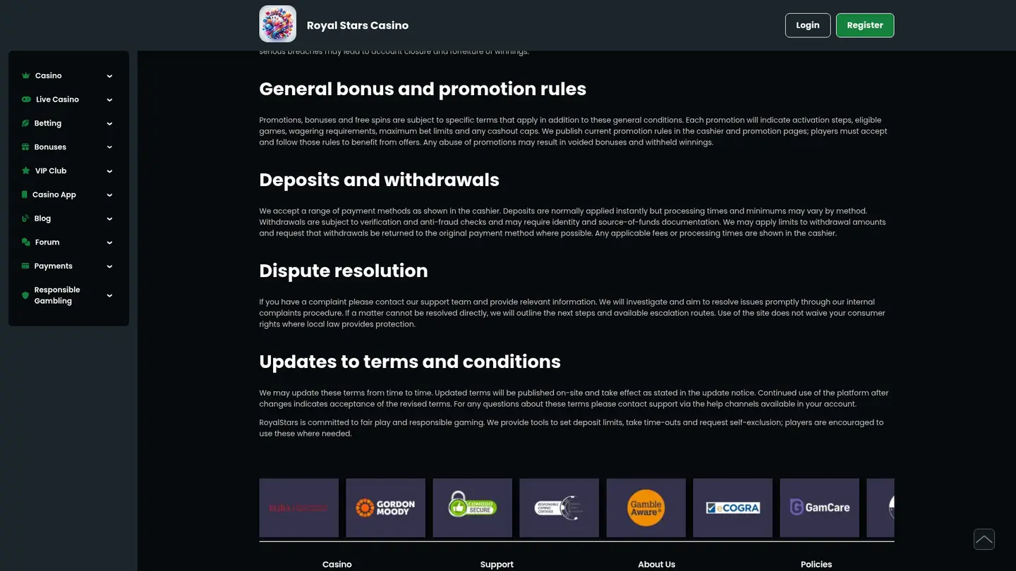 Royal Stars Casino — Terms in detail