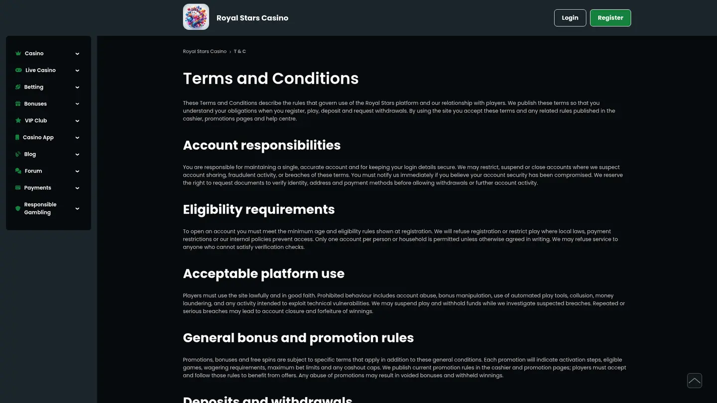 Royal Stars Casino — Withdrawal terms