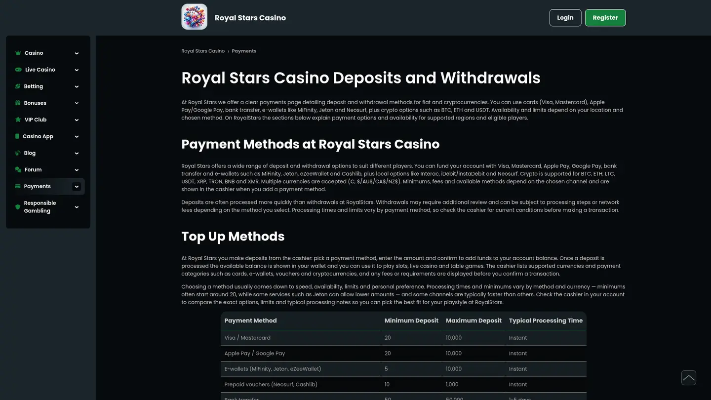 Royal Stars Casino — Banking