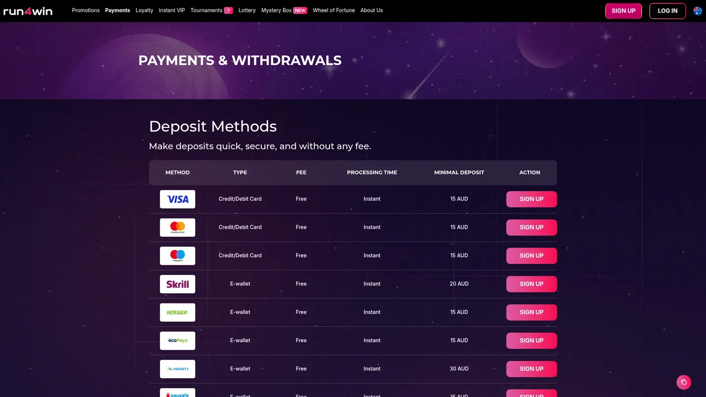 Run4Win Casino — Banking