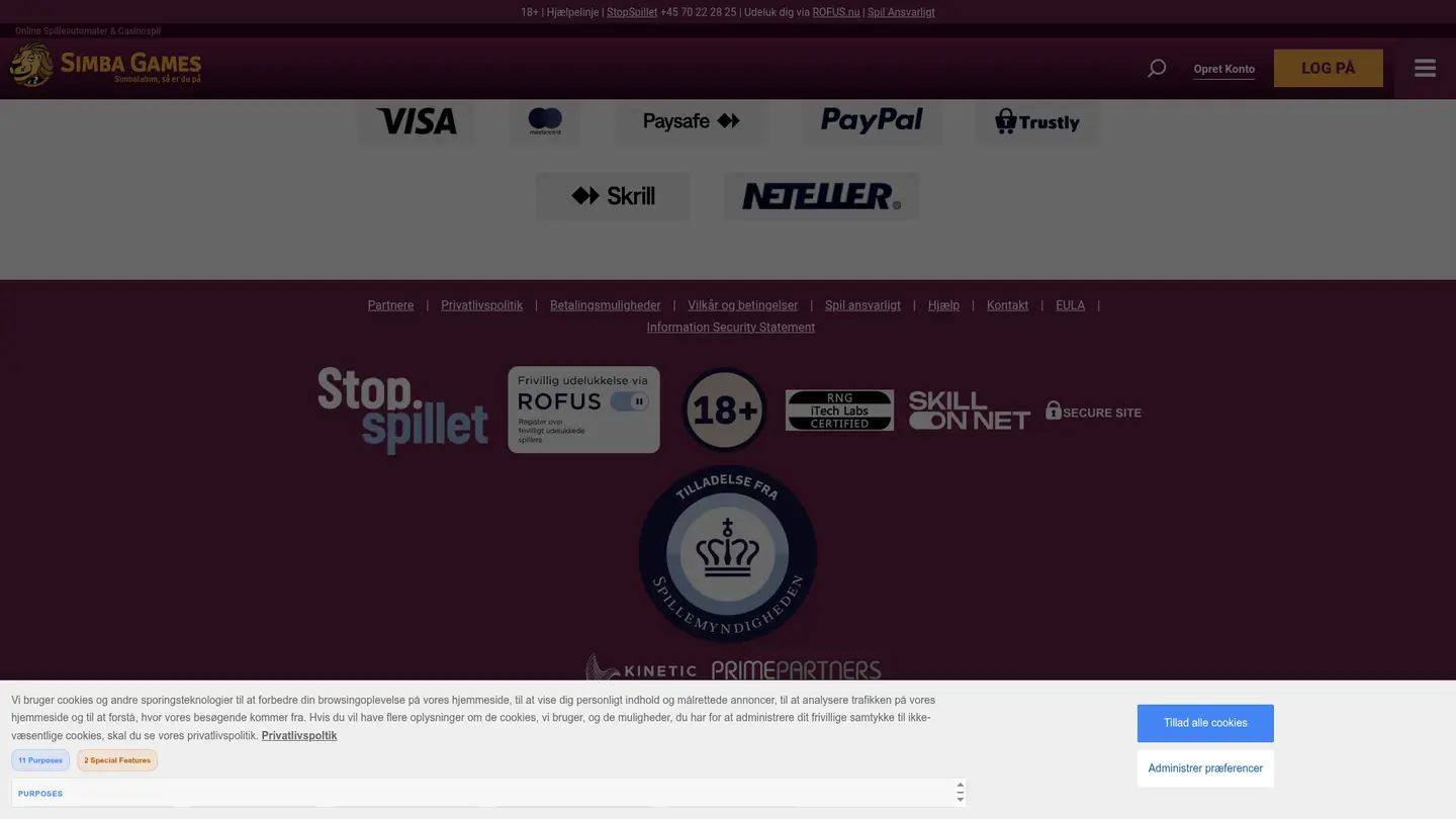 Simba Games Casino DK — Deposit methods